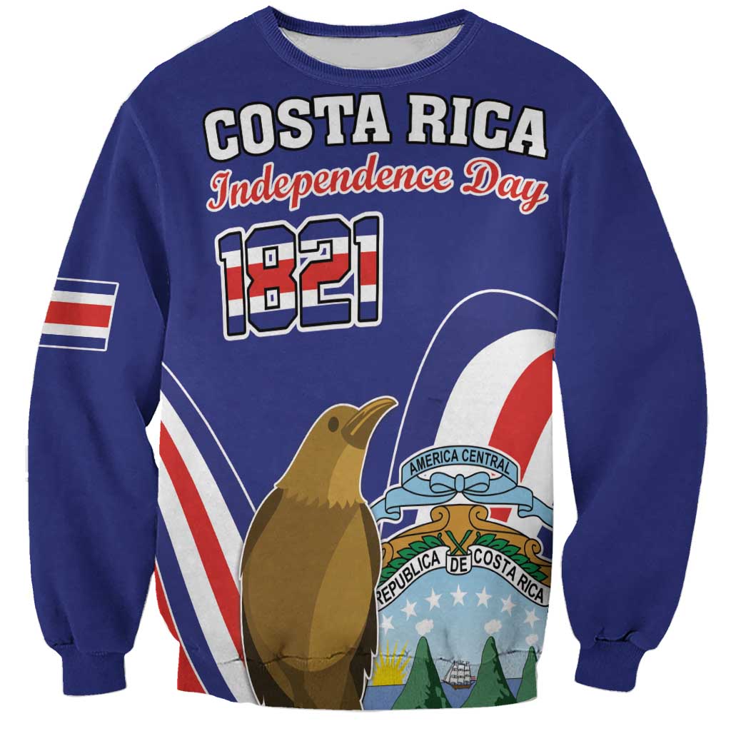 Blue sweatshirt with Costa Rica Independence Day graphic, bird and coat of arms