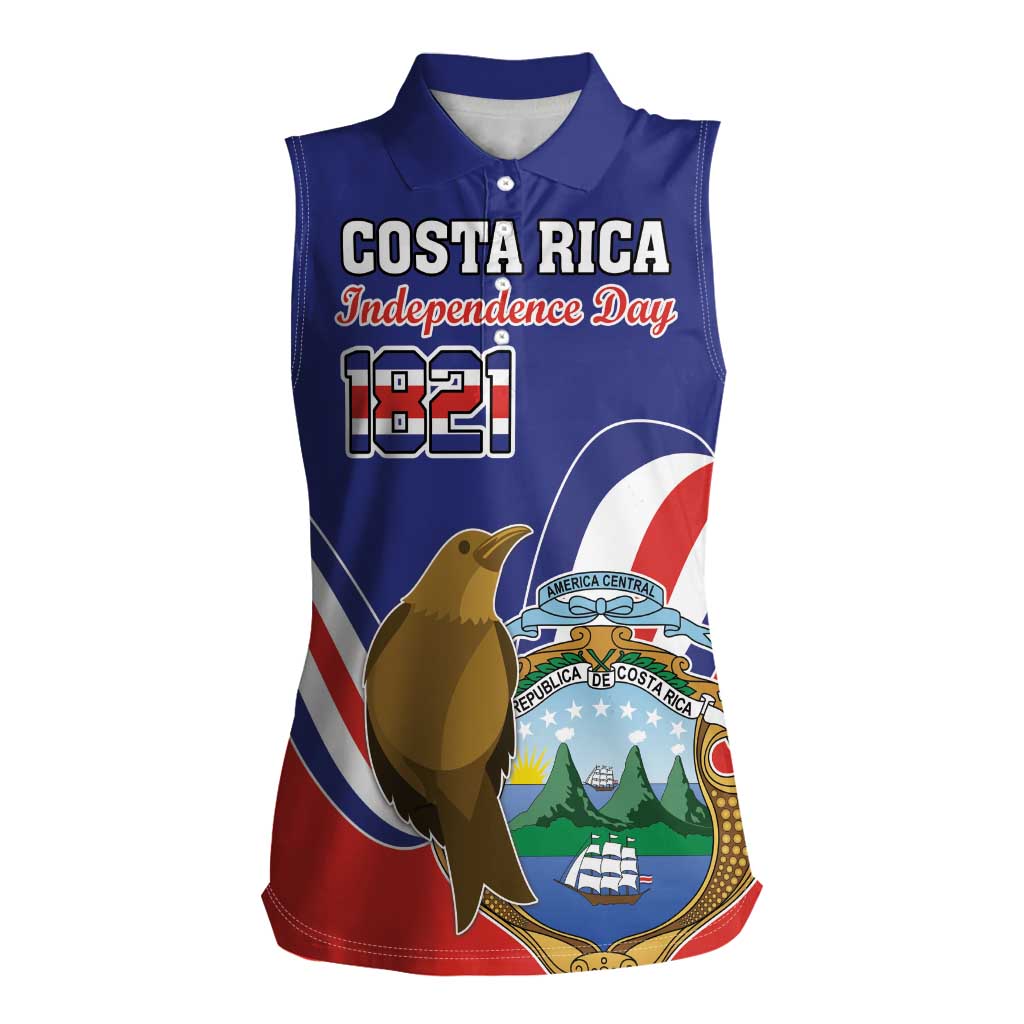 Custom Costa Rica Independence Day Women Sleeveless Polo Shirt Turdus Grayi Bird With Coat Of Arms - Wonder Print Shop