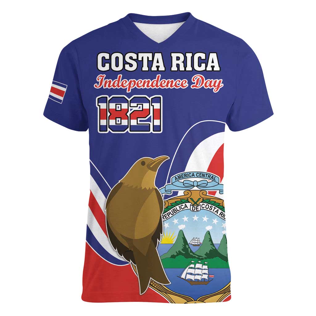 Custom Costa Rica Independence Day Women V-Neck T-Shirt Turdus Grayi Bird With Coat Of Arms - Wonder Print Shop