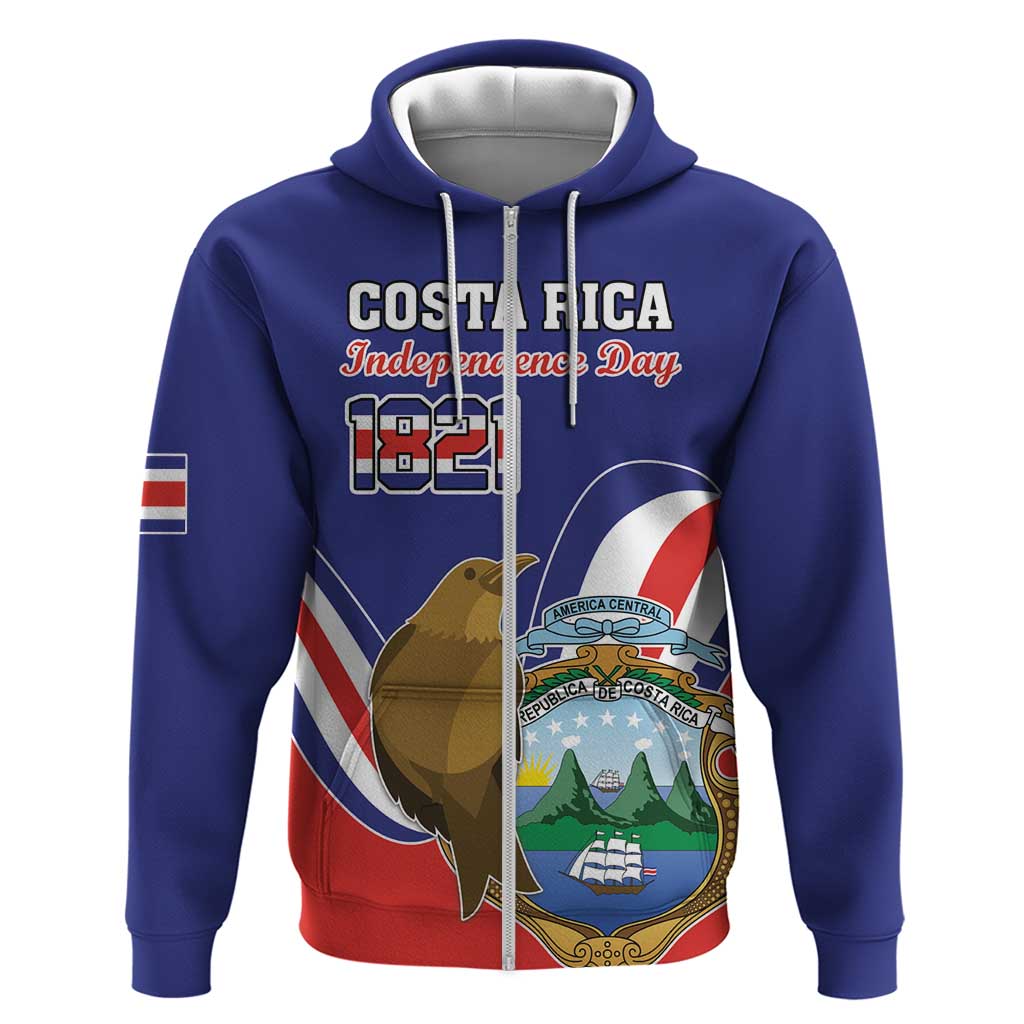 Custom Costa Rica Independence Day Zip Hoodie Turdus Grayi Bird With Coat Of Arms - Wonder Print Shop