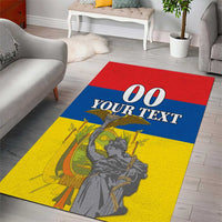 Printed area rug with Ecuador colors, monument statue graphic, and "00 YOUR TEXT" text
