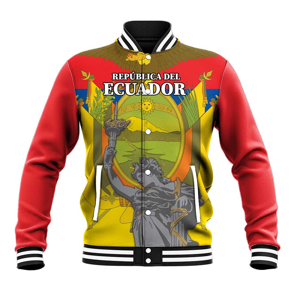 Red baseball jacket with front Ecuador graphic, button-up and striped ribbed collar