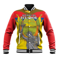 Red baseball jacket with front Ecuador graphic, button-up and striped ribbed collar