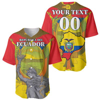 Two red baseball jerseys with Ecuador emblem and 'YOUR TEXT' 00 graphics