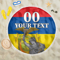 Round beach blanket, red/blue/yellow with fringed edge and printed 00 custom text