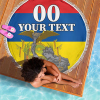 Round beach blanket red/blue/yellow with fringed edge, 00 custom text, pink flower corner