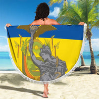 Round beach blanket red/blue/yellow with fringed edge, '00' and custom text, held up