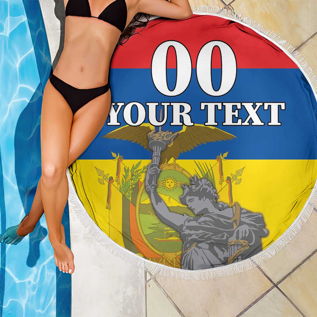 Round beach blanket with fringed edge, flag graphic, '00' and custom text, draped