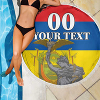 Round beach blanket with fringed edge, flag graphic, '00' and custom text, draped