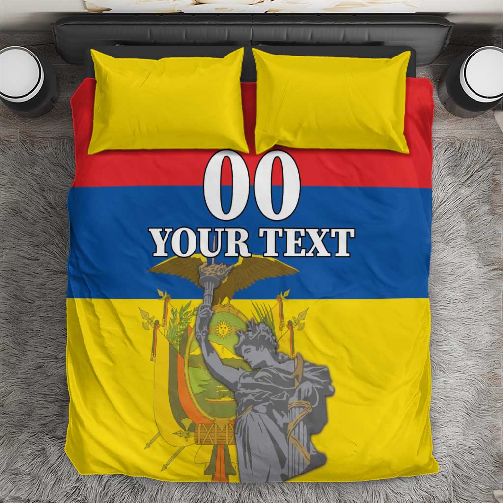 Bedding set with two yellow pillows and red-blue-yellow comforter featuring "00 YOUR TEXT".