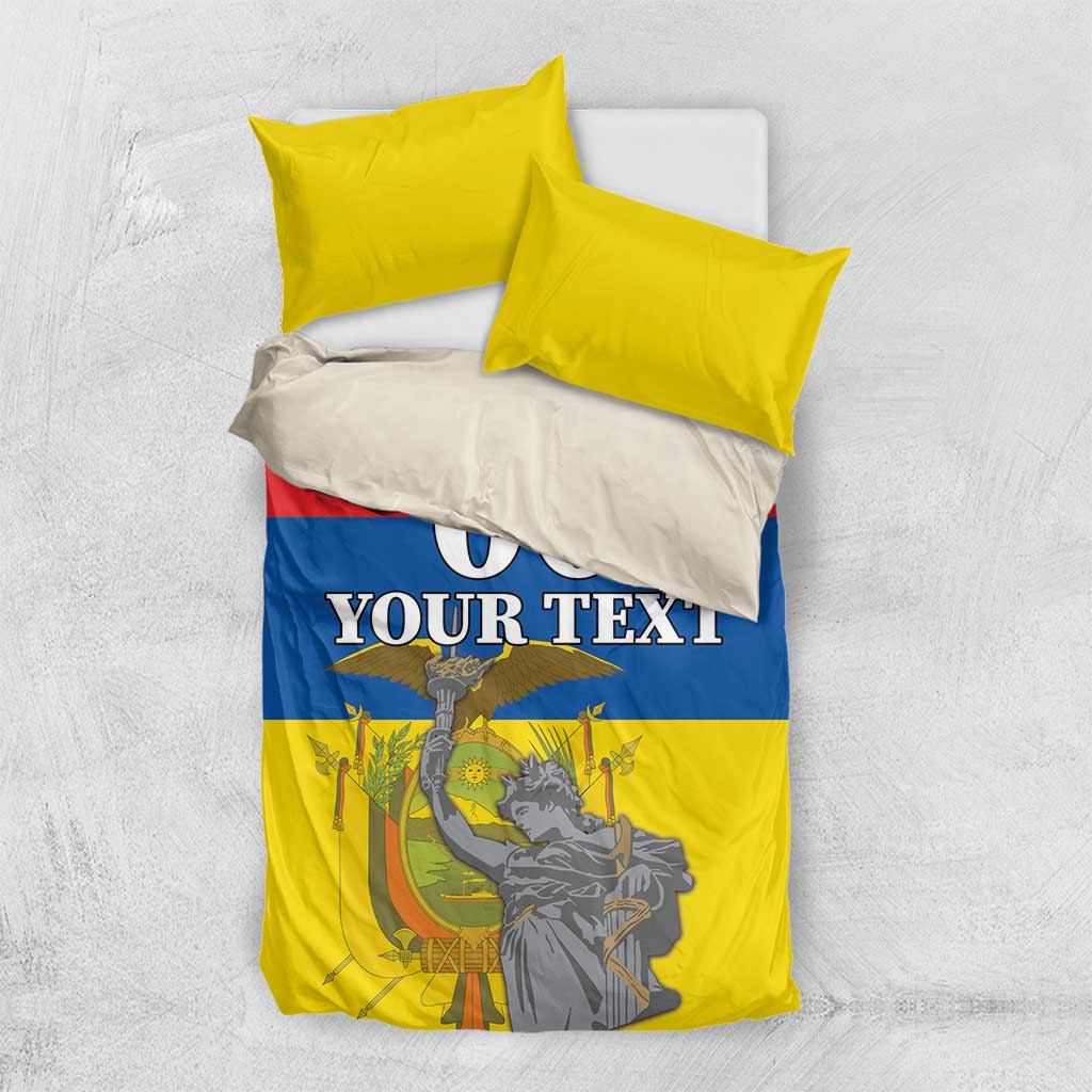 Bedding set with yellow pillows and red, blue, and yellow comforter; "YOUR TEXT" memorial print.