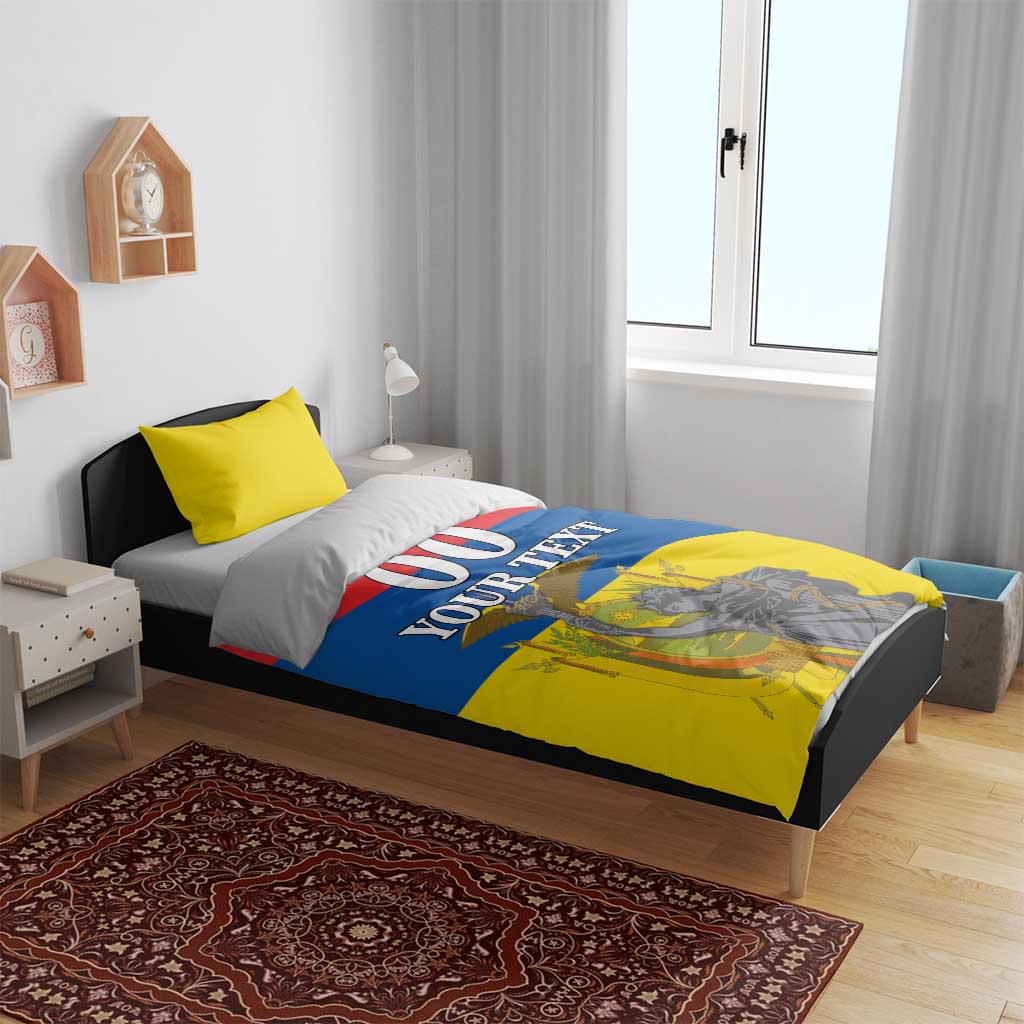 Bedding set on bed with flag-style yellow, red, and blue comforter; "00 YOUR TEXT" print.