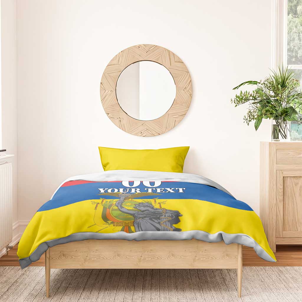Bedding set on wooden bed with blue-and-yellow comforter; "00 YOUR TEXT" statue design.