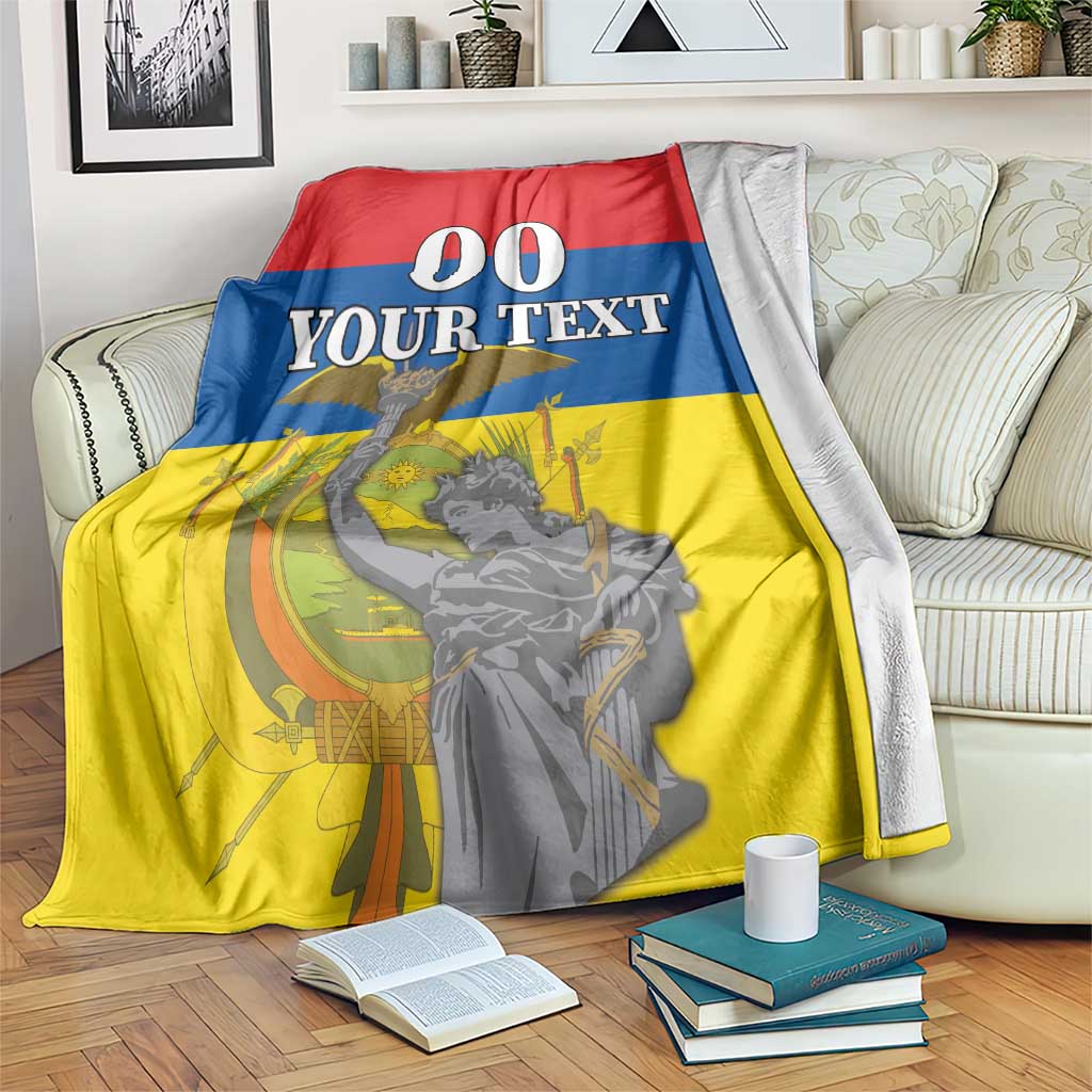 Ecuador Independence Day blanket, red blue yellow with "00 YOUR TEXT" and monument figure.