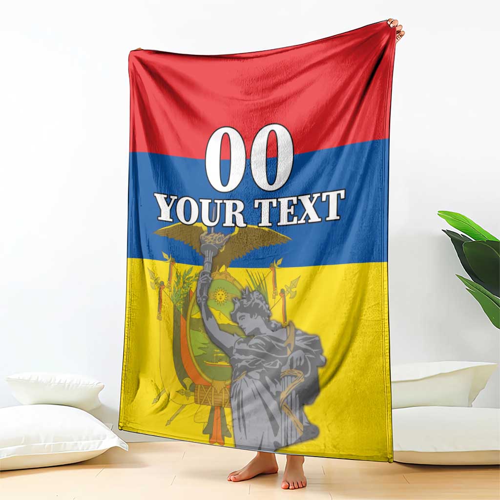 Ecuador Independence Day blanket, red blue yellow with "00 YOUR TEXT" monument figure, hanging.