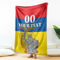 Ecuador Independence Day blanket, red blue yellow with "00 YOUR TEXT" monument figure, hanging.