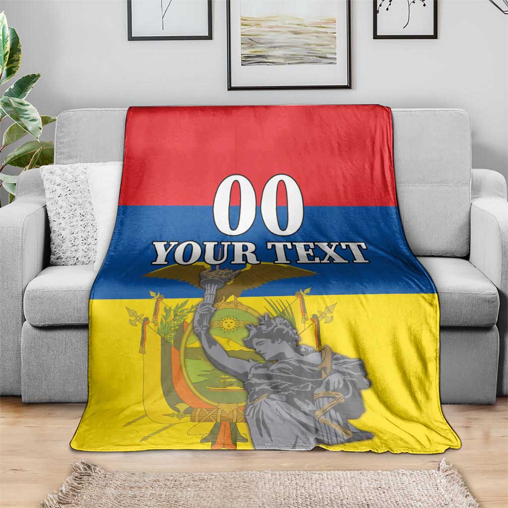 Ecuador Independence Day blanket on sofa, red blue yellow with "00 YOUR TEXT" and monument figure.