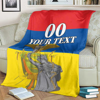 Ecuador Independence Day blanket, red blue yellow with large "00 YOUR TEXT" and monument figure.