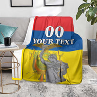 Ecuador Independence Day blanket, red blue yellow print with "00 YOUR TEXT" and monument figure.