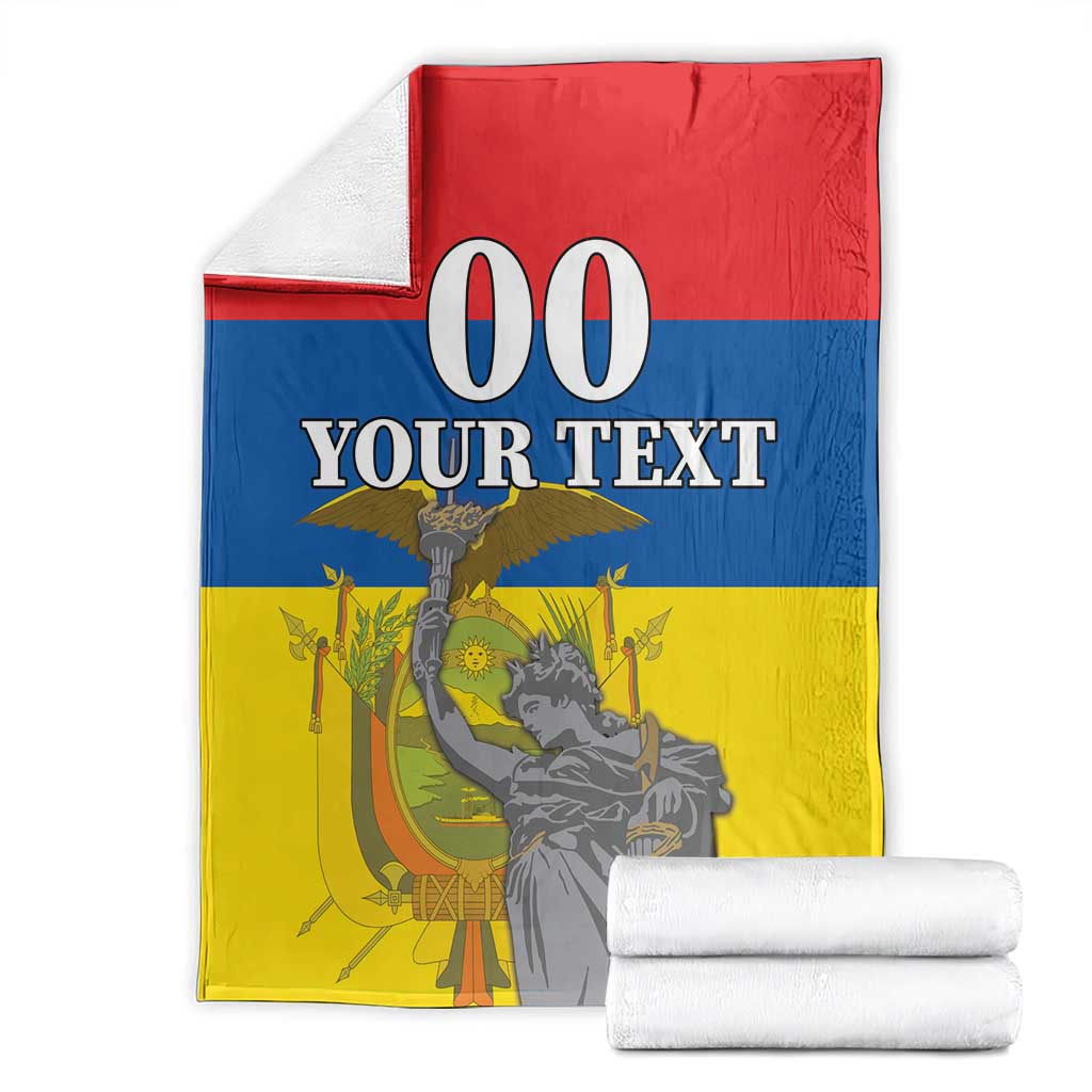 Ecuador Independence Day blanket, folded red blue yellow with "00 YOUR TEXT" and monument figure.