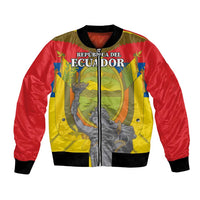 Red bomber jacket with yellow crest graphic, front zipper, black ribbed cuffs and hem