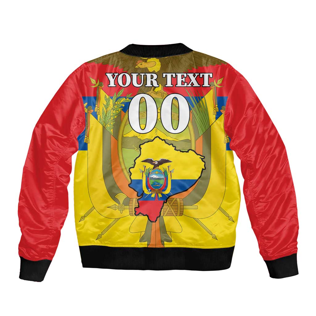 Red bomber jacket with yellow back graphic, YOUR TEXT 00, black ribbed collar and hem