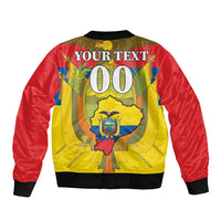 Red bomber jacket with yellow back graphic, YOUR TEXT 00, black ribbed collar and hem