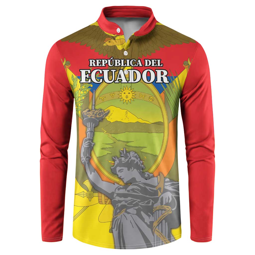 Red button sweatshirt with Ecuador crest and eagle, text design on front