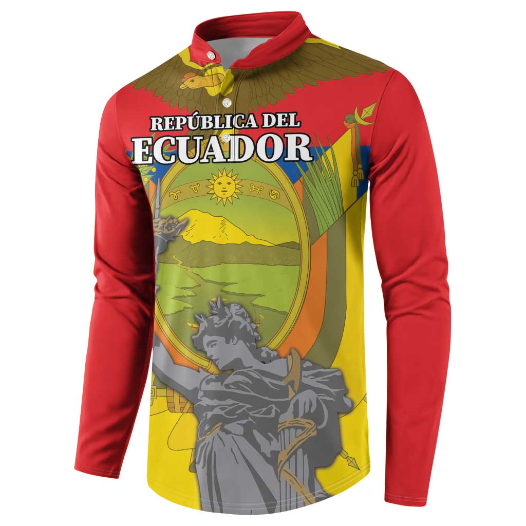 Red button sweatshirt with Ecuador crest, eagle wings, and colorful front print