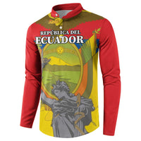 Red button sweatshirt with Ecuador crest, eagle wings, and colorful front print
