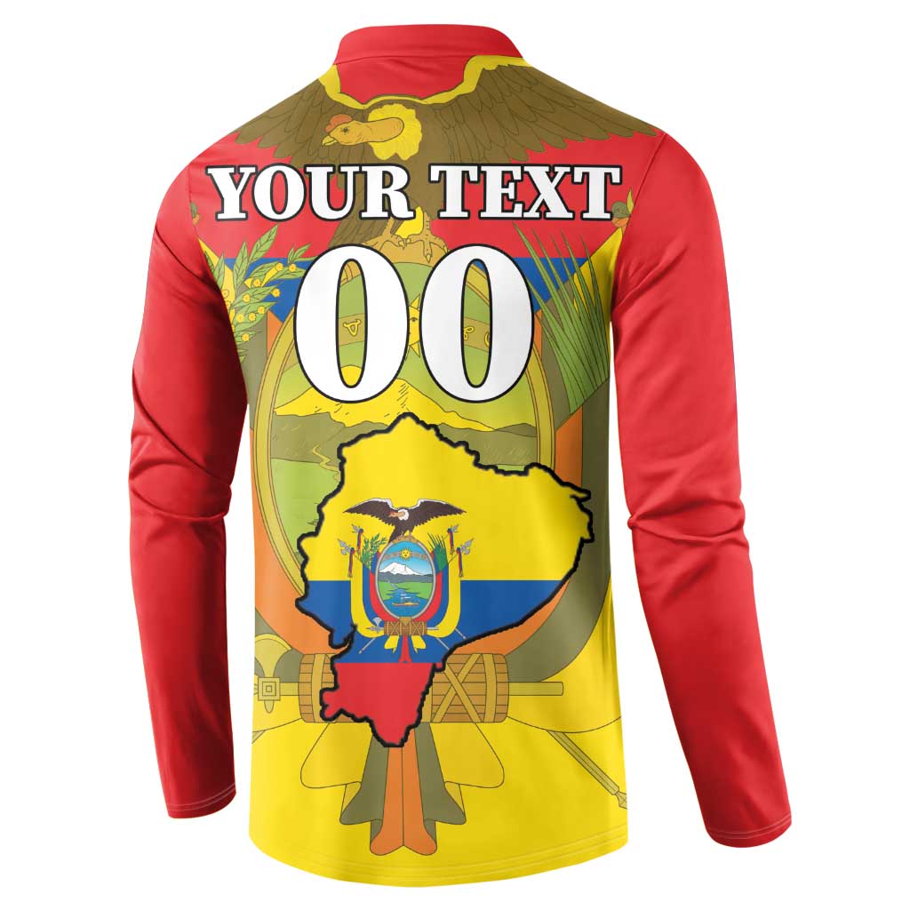 Red button sweatshirt back: YOUR TEXT banner and large 00 over Ecuador map