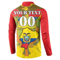 Red button sweatshirt back: YOUR TEXT banner and large 00 over Ecuador map