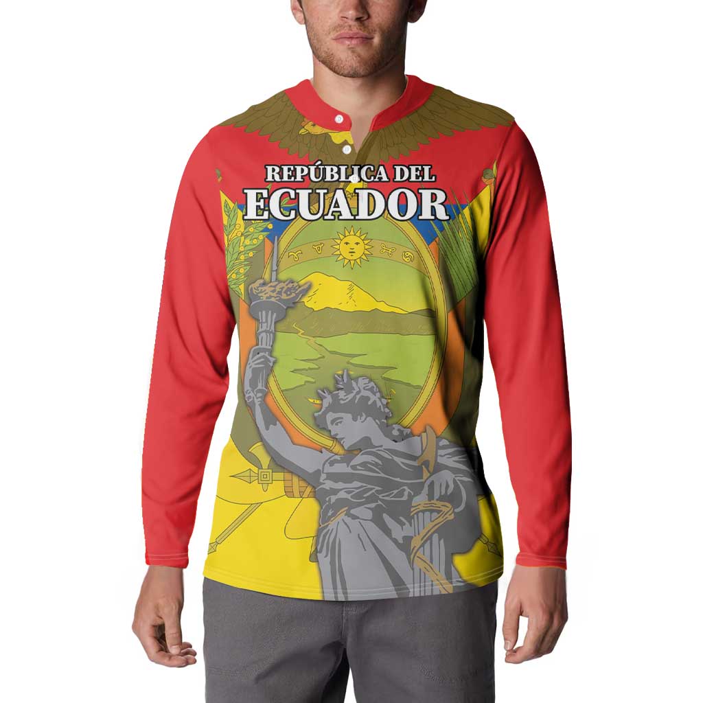 Mens red button sweatshirt with front Ecuador crest graphic and eagle wings