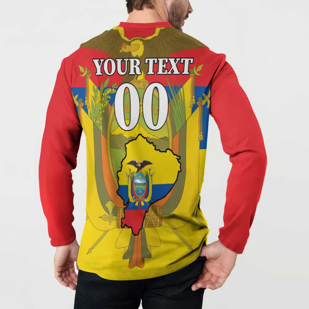 Mens red button sweatshirt back: YOUR TEXT and 00 with Ecuador crest graphic