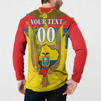 Mens red button sweatshirt back: YOUR TEXT and 00 with Ecuador crest graphic