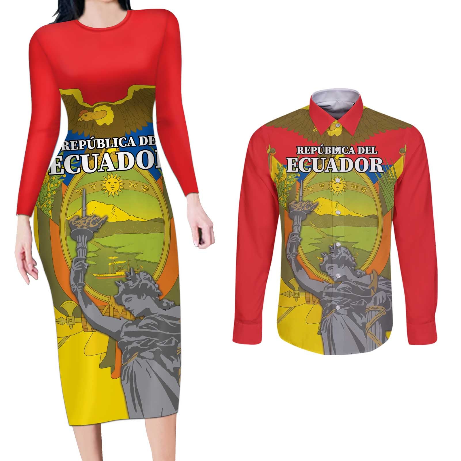 Custom Ecuador Independence Day 1809 Couples Matching Long Sleeve Bodycon Dress and Long Sleeve Button Shirt Monumento a la Independencia - Wonder Print Shop