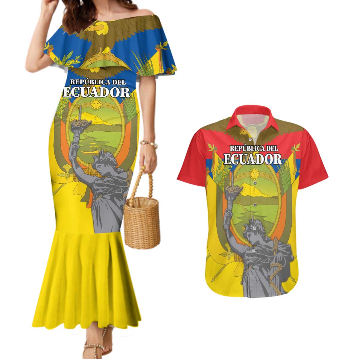 Custom Ecuador Independence Day 1809 Couples Matching Mermaid Dress and Hawaiian Shirt Monumento a la Independencia - Wonder Print Shop