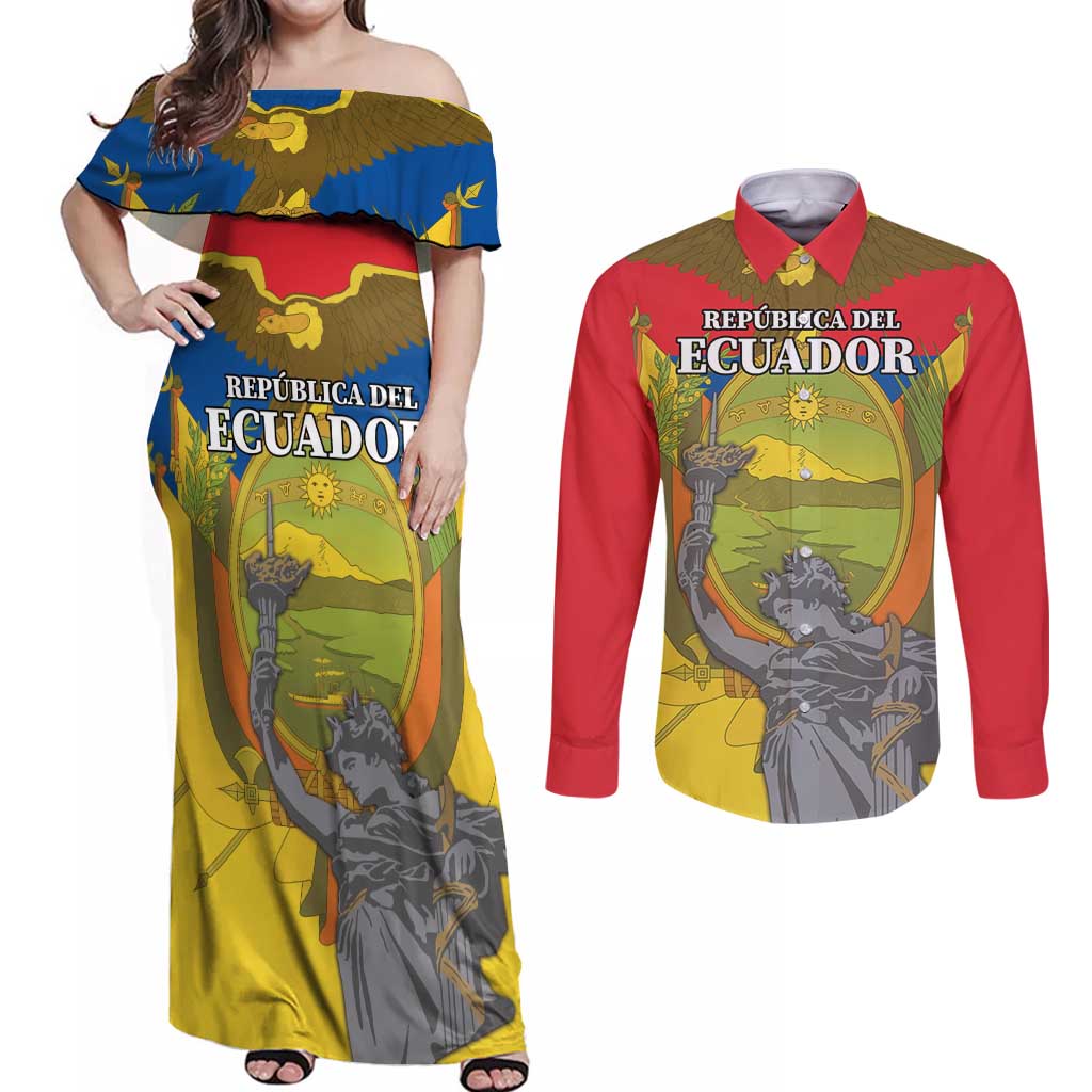 Custom Ecuador Independence Day 1809 Couples Matching Off Shoulder Maxi Dress and Long Sleeve Button Shirt Monumento a la Independencia - Wonder Print Shop