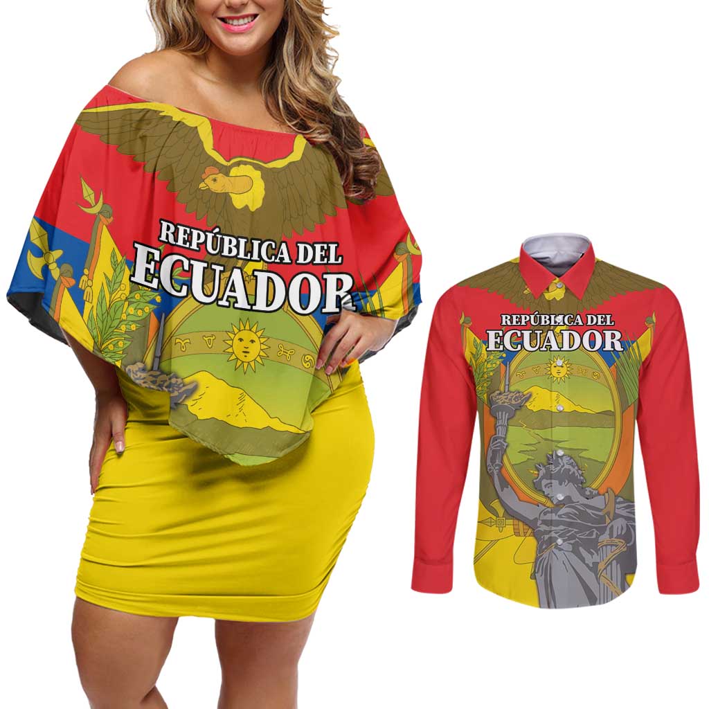 Custom Ecuador Independence Day 1809 Couples Matching Off Shoulder Short Dress and Long Sleeve Button Shirt Monumento a la Independencia - Wonder Print Shop