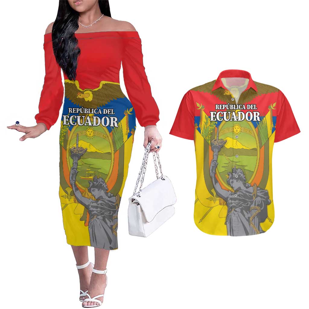 Custom Ecuador Independence Day 1809 Couples Matching Off The Shoulder Long Sleeve Dress and Hawaiian Shirt Monumento a la Independencia - Wonder Print Shop