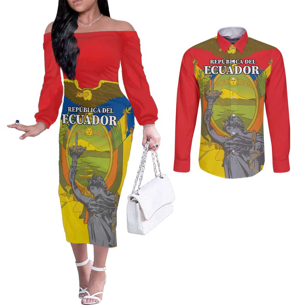 Custom Ecuador Independence Day 1809 Couples Matching Off The Shoulder Long Sleeve Dress and Long Sleeve Button Shirt Monumento a la Independencia