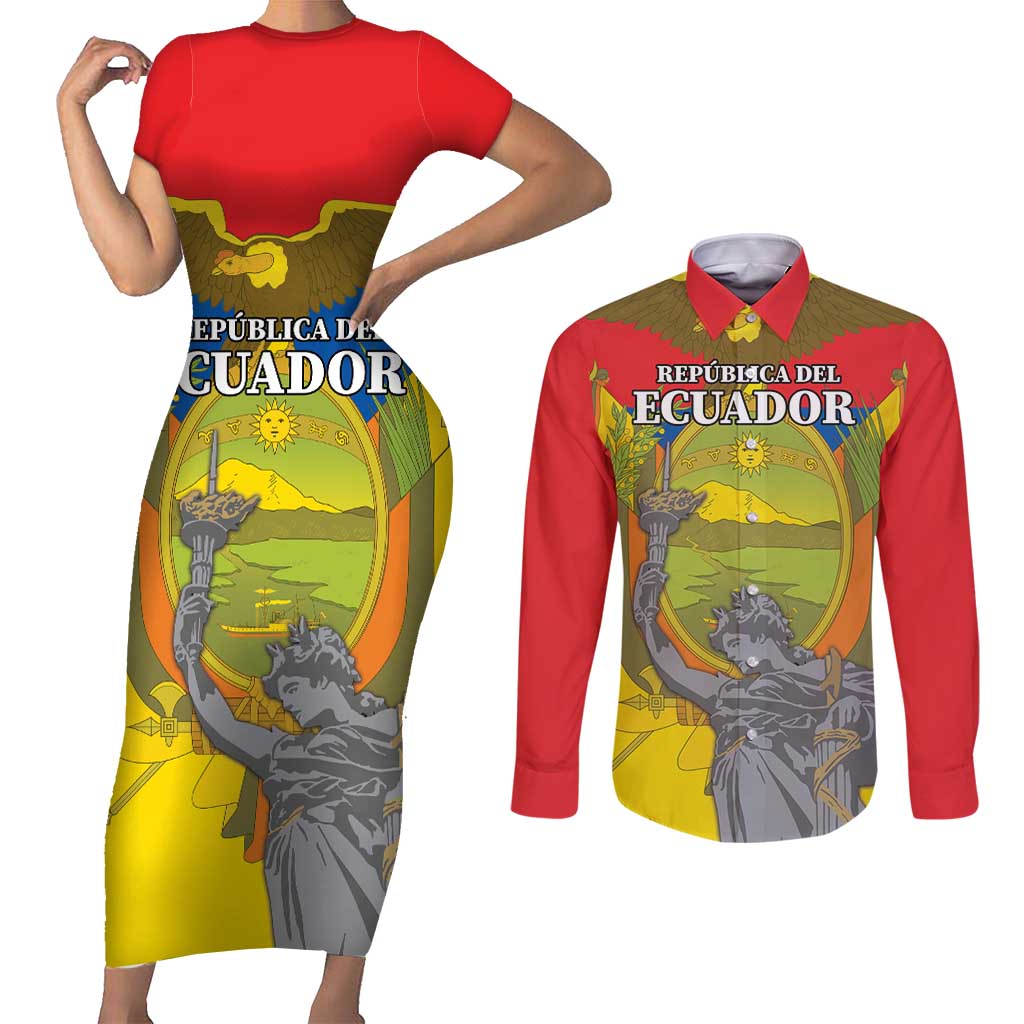 Custom Ecuador Independence Day 1809 Couples Matching Short Sleeve Bodycon Dress and Long Sleeve Button Shirt Monumento a la Independencia - Wonder Print Shop