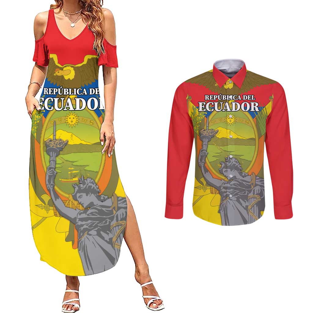 Custom Ecuador Independence Day 1809 Couples Matching Summer Maxi Dress and Long Sleeve Button Shirt Monumento a la Independencia - Wonder Print Shop