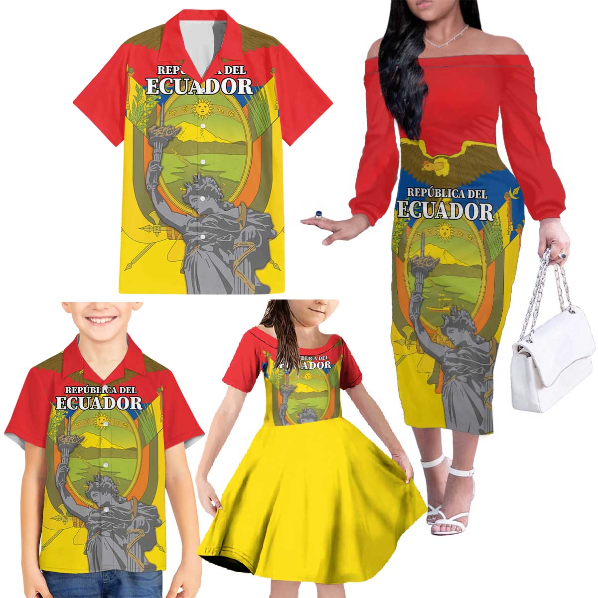 Custom Ecuador Independence Day 1809 Family Matching Off The Shoulder Long Sleeve Dress and Hawaiian Shirt Monumento a la Independencia - Wonder Print Shop