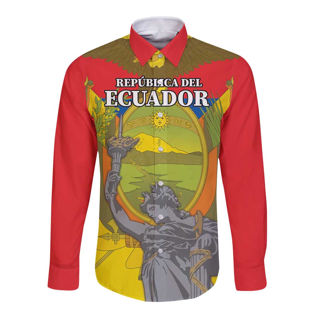 Red long-sleeve button shirt with Ecuador coat graphic and emblem text