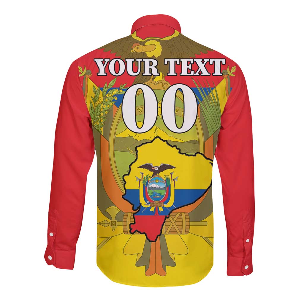 Red long-sleeve button shirt with custom text and Ecuador shield emblem on back