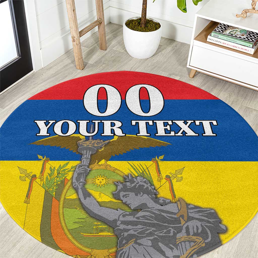 Red round carpet with blue and yellow patriotic design and 'YOUR TEXT' in white