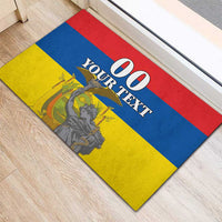 Custom rubber doormat with bold “00 YOUR TEXT” over red, blue, and yellow stripes