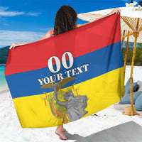 Custom Ecuador flag sarong held wide, with large printed emblem and red blue yellow stripes