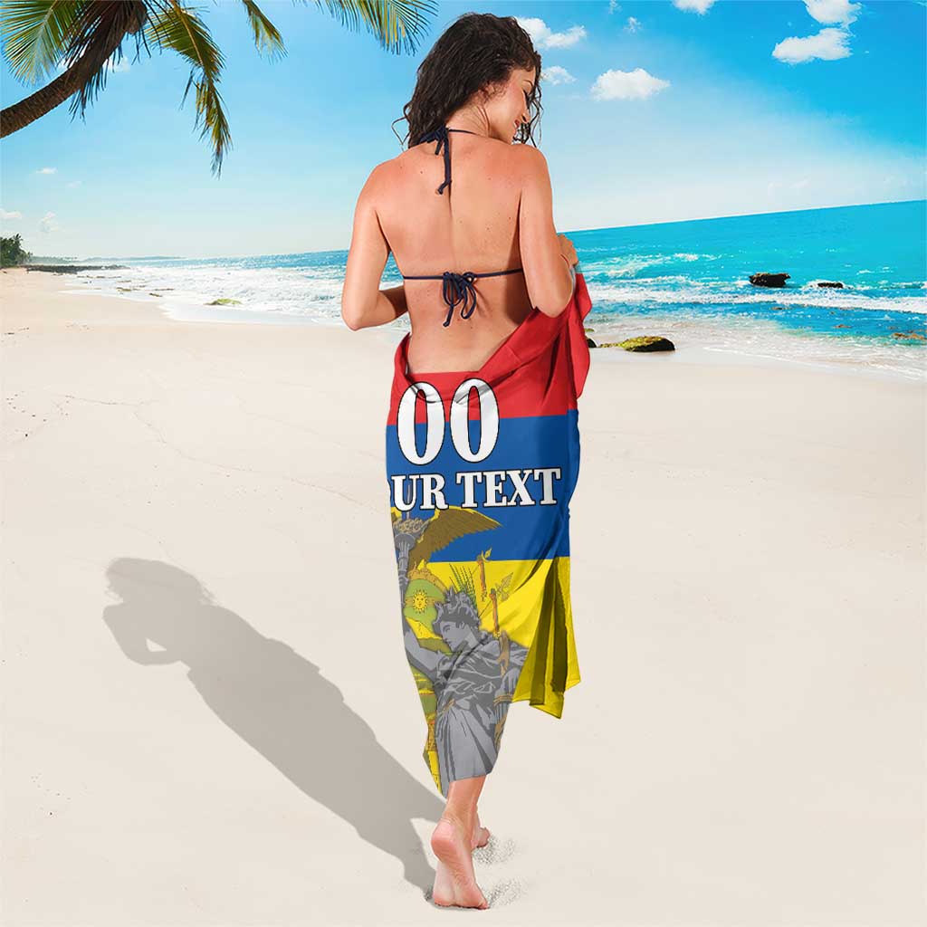 Custom Ecuador flag sarong worn tied around waist, red blue yellow with printed coat emblem